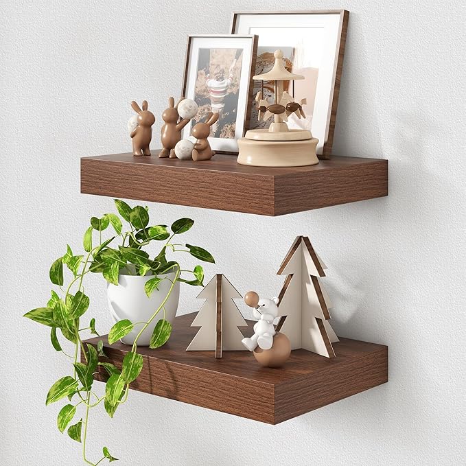 Deep Floating Shelves | 16 Inch Walnut Floating Shelves Set of 2 | 12 Inch Deep Rustic Wood Shelves for Wall | Walnut Shelves for Living Room Bathroom Kitchen Bedroom