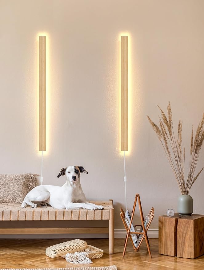 1 Pack Modern Plug in Long Wall Sconce 45.2‘’ LED Bamboo Wall Lights 35W Long Strip Indoor Wall Lamp 3000K with 6.5FT Plug in Cord and On/Off Switch on The Cord for Living Room Hallway Stairwell