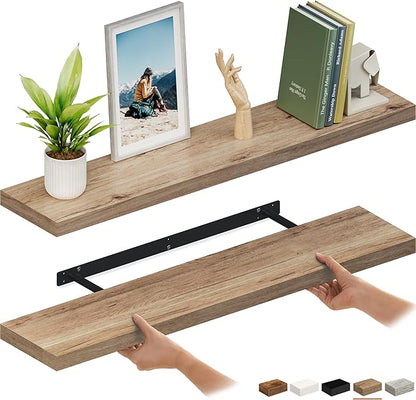 Ballucci Floating Shelves for Wall, 48" Wood Wall Shelf Set of 2, with Invisible Brackets for Bathroom, Living Room, Bedroom, Kitchen, Nursery, 8" Deep, Oak Finish