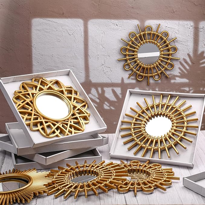 Namalu 6 Pcs Sunburst Mirror for Wall Decor, Small Circle Sun Espejos Decorative Mirror Hanging for Art Entryway Home Decor Bathroom Bedroom Living Room(Elegant,Gold)