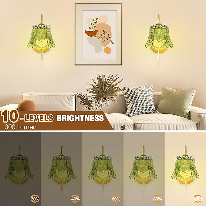 Vintage Battery Wall Sconce with Flower lampshade,Rechargeable Battery Powered Wall Lights,Wall lamp with 15 Colors for Bedroom Living Room Home Decor (Green Rose, 2 Light Battery Operated)