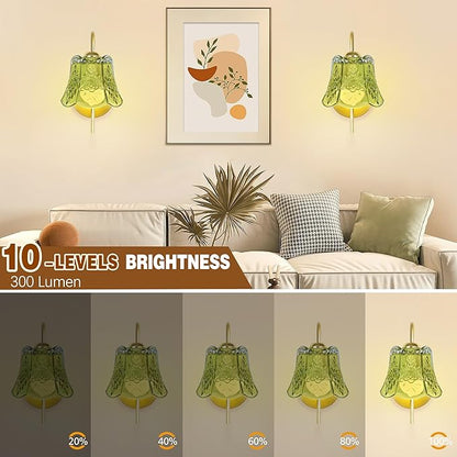 Vintage Battery Wall Sconce with Flower lampshade,Rechargeable Battery Powered Wall Lights,Wall lamp with 15 Colors for Bedroom Living Room Home Decor (Green Rose, 2 Light Battery Operated)