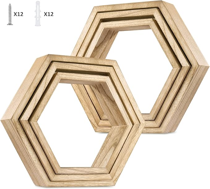 YBING Hexagon Floating Shelves Wall Mounted Farmhouse Wood Storage Honeycomb Wall Shelf Set of 6 Hexagonal Shelves Wall Home Decor Hexagon Shelves for Living Room Bedroom Office, Light Brown