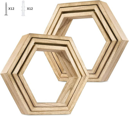 YBING Hexagon Floating Shelves Wall Mounted Farmhouse Wood Storage Honeycomb Wall Shelf Set of 6 Hexagonal Shelves Wall Home Decor Hexagon Shelves for Living Room Bedroom Office, Light Brown