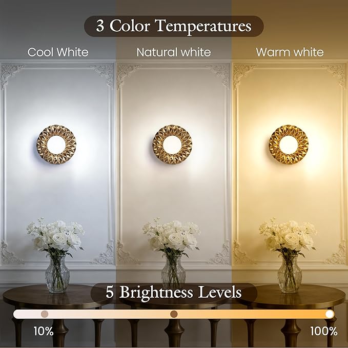 AELS Battery Operated Wall Sconces Set of 2, Vintage Gold Wireless Wall Lights with 3 Color Temps & Dimmable RGB Mode, Rechargeable with Detachable LED Bulbs & Remote for Bedroom Living Room，Geometric