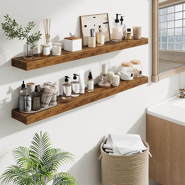 Fun Memories Floating Shelves 48 Inch, Extra Large Wood Shelf Set of 2, Hanging Wall Shelves for Bathroom, Living Room, Kitchen, Bedroom, Rustic Brown