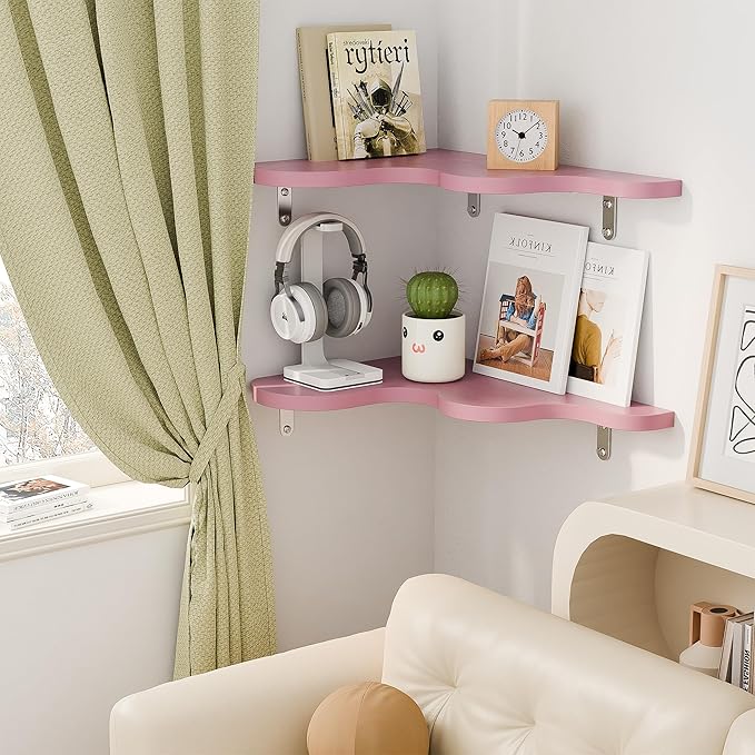 Cute Cloud Shelves, Wavy Floating Corner Shelf, Cute Corner Wall Shelves for Nursery Decor, Cloud Shelf for Bedroom,Living Room,Bathroom&Home Decor,Pink