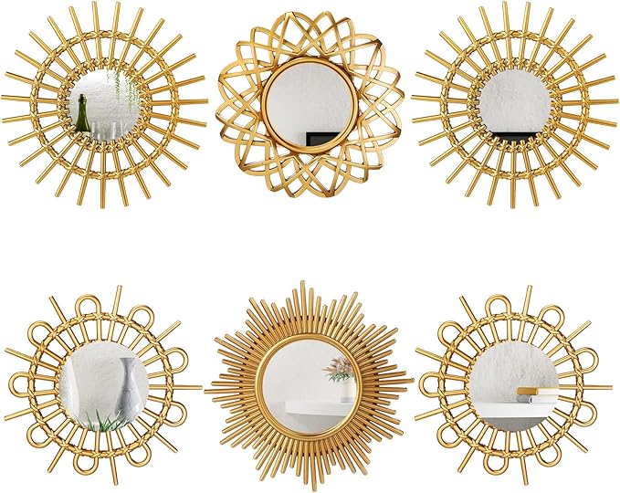 Namalu 6 Pcs Sunburst Mirror for Wall Decor, Small Circle Sun Espejos Decorative Mirror Hanging for Art Entryway Home Decor Bathroom Bedroom Living Room(Elegant,Gold)