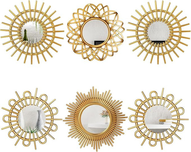 Namalu 6 Pcs Sunburst Mirror for Wall Decor, Small Circle Sun Espejos Decorative Mirror Hanging for Art Entryway Home Decor Bathroom Bedroom Living Room(Elegant,Gold)