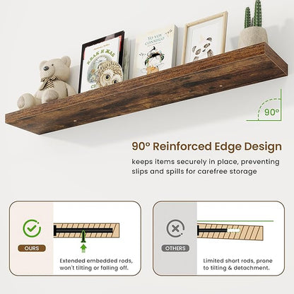 55in Floating Shelves for Wall, 55"W x 9.25"D x 1.5"H, Long Wall Mounted Engineered Wood Shelves with Invisible Brackets for Living Room, Bedroom, Bathroom, Kitchen Decor and Storage, Rustic Brown
