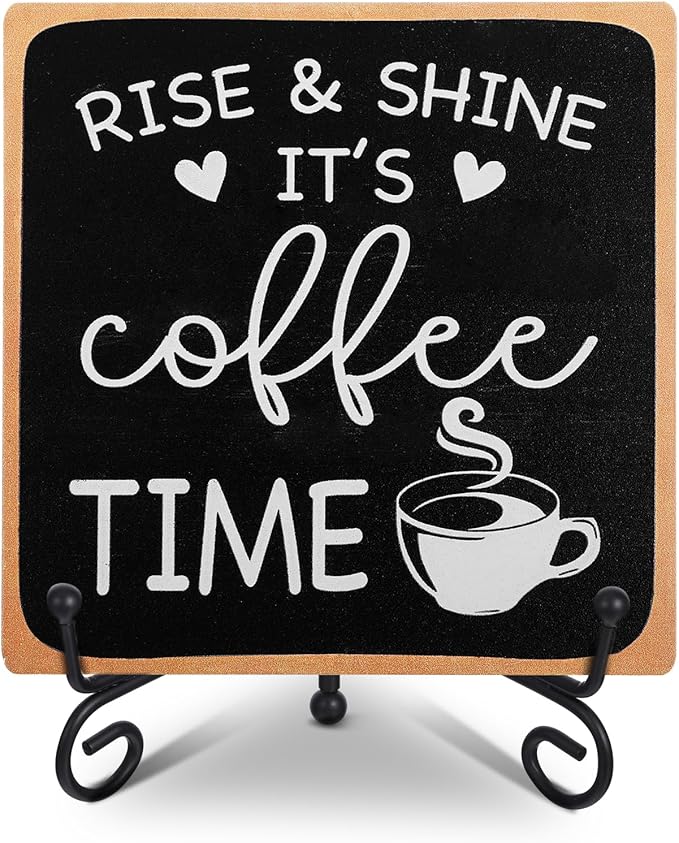 Coffee Bar Sign Decor 4"X 4" Rise & Shine It's Coffee Time Wooden Plaque for Home Kitchen Bar Tabletop Rustic Farmhouse Wood Cafe Signs with Stand for Cafe Corner Shelf Table Decorations