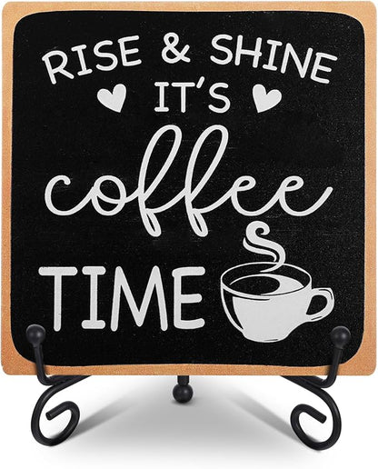 Coffee Bar Sign Decor 4"X 4" Rise & Shine It's Coffee Time Wooden Plaque for Home Kitchen Bar Tabletop Rustic Farmhouse Wood Cafe Signs with Stand for Cafe Corner Shelf Table Decorations