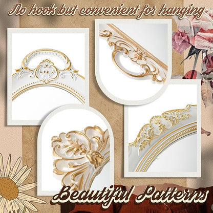 4 Pcs Vintage Gold Mirrors Set Including Small Oval Wall Mirror Antique Shield Shape Square Decorative Mirror Dresser Mirrored Tray for Bedroom Wedding Victorian Decor (Elegant,White)