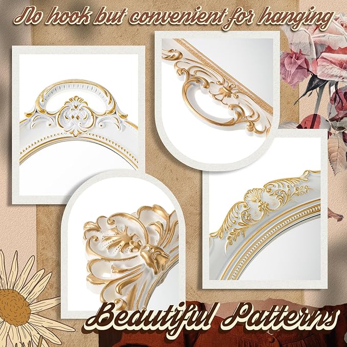 4 Pcs Vintage Gold Mirrors Set Including Small Oval Wall Mirror Antique Shield Shape Square Decorative Mirror Dresser Mirrored Tray for Bedroom Wedding Victorian Decor (Elegant,White)