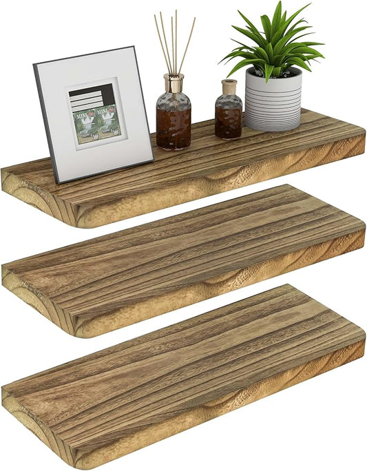 Floating Shelves 16 Inches, Set of 3 Solid Rustic Wood Wall Mounted Shelves, Wall Picture Ledge Shelf with Invisible Metal Brackets for Living Room, Bedroom, Bathroom, Carbonized Black