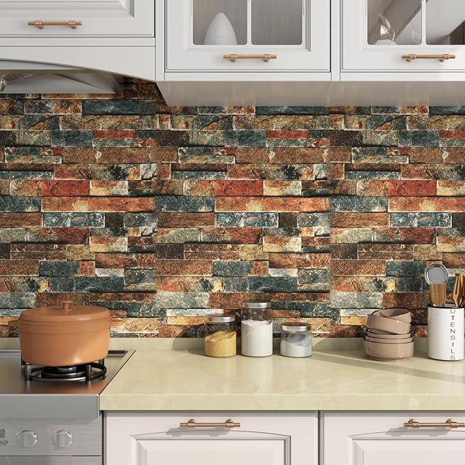 FunStick 15.8"x240" Retro Brick Peel and Stick Wallpaper Textured 3D Brown Red Blue Brick Contact Paper Peel and Stick Self Adhesive Wallpaper for Bathroom Kitchen Wall Panel Decor Cabinets Waterproof