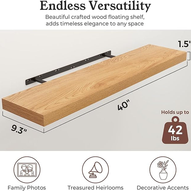 Floating Shelves for Wall, 9.3" Deep Wall Mounted Wood Shelves for Bathroom, Bedroom, Living Room, Kitchen, Hanging Shelf for Books/Storage/Room Decor (Oak, 40")