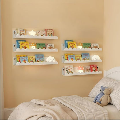 Nursery Book Shelves Set of 6, White Metal Floating Shelves for Wall, 16 Inch Scalloped Book Shelf for Kids Room, Bathroom, Bedroom, Playroom Wall Decor & Storage