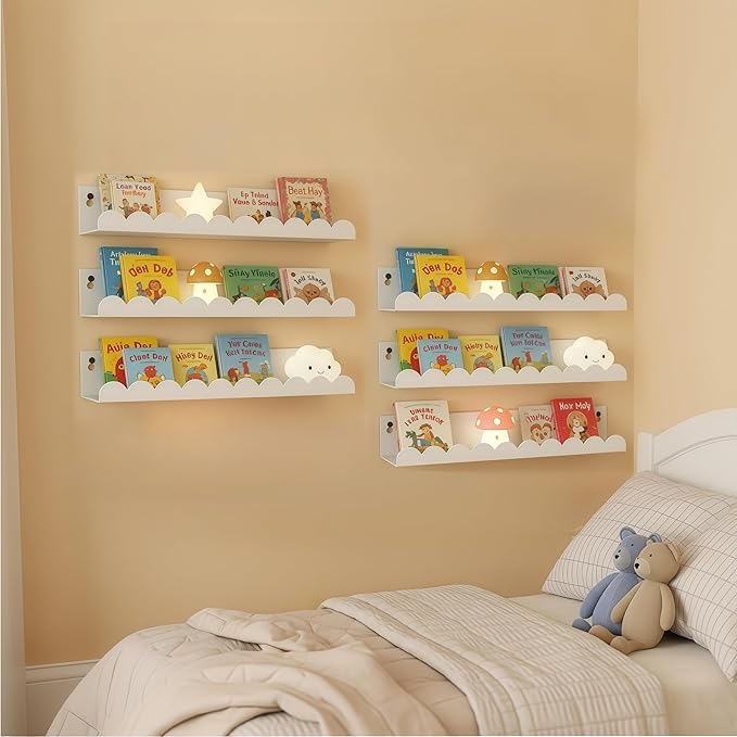 Nursery Book Shelves Set of 6, White Metal Floating Shelves for Wall, 16 Inch Scalloped Book Shelf for Kids Room, Bathroom, Bedroom, Playroom Wall Decor & Storage