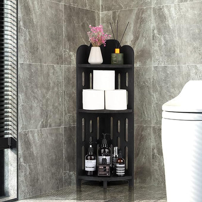 Meangood Bathroom Corner Shelf Stand, 3 Tier Solid Wood Display Shelf for Narrow Space, Shower Corner Shelf, Plant Stand Nightstand, for Living Room, Bedroom, Home Office, Elegant Black