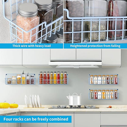 Spice Rack Wall Mount, Wall Spice Organizer for Kitchen Cabinet Door, Pack of 4 Hanging Spice Rack for Wall Saving Kitchen Space, Light Blue