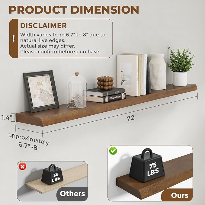 RICHFOCUS Live Edge Wood Floating Shelves 72