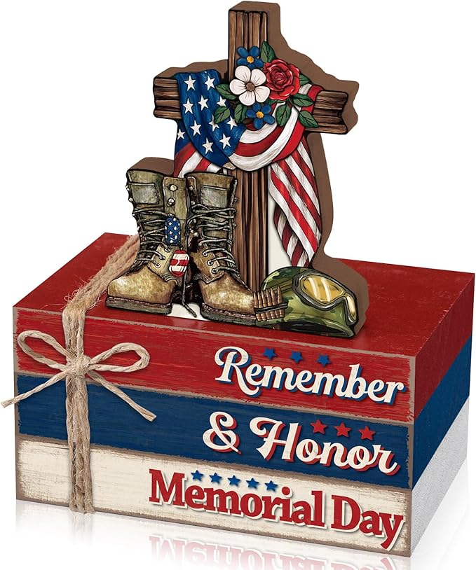 Geelin 4 Pcs Memorial Day Wooden Book Stack Decorations, Patriotic Tabletop Book Sign Set with Boots Cross Helmet and Flag, Rustic Red White Blue Tiered Tray Decor for Home, Office, Veterans Day