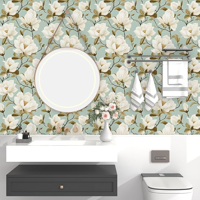 Modern Green White Flowers Wallpaper Blue Floral Peel and Stick Contact Paper 17.5