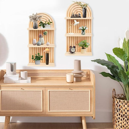 Qivine Boho Wall Shelf 2 Pcs 3 Tier Shelves for Room Wall Wood Floating Shelf with Arched Wood Design Walls Mounted for Living Room, Bedroom, Bathroom Decor (Primary, 3-Tier)