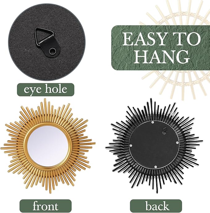 Namalu 6 Pcs Sunburst Mirror for Wall Decor, Small Circle Sun Espejos Decorative Mirror Hanging for Art Entryway Home Decor Bathroom Bedroom Living Room(Elegant,Gold)