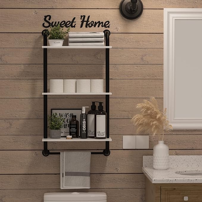 Wall Shelves 3-Tier, Bathroom Shelves Over Toilet, Rustic Industrial Pipe Shelf, Farmhouse Bathroom Decor, Floating Shelf Wall Decor for Bedroom, Living Room 17.3 inch, White