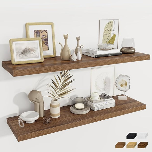 Fun Memories 12 Deep Floating Shelves for Wall, 48W x 12D Extra Large Floating Shelves Set of 2, Hanging Wood Wall Shelves for Living Room, Kitchen, Bedroom, Farmhouse, Laundry Room, Office - Walnut