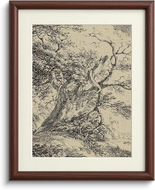 InSimSea Brown Framed Oak Tree Wall Art, Vintage Farmhouse Cottage Landscape Sketch Painting decor for Living Room Library Hallway Shelf,11x14in, with Acrylic Panel, Canvas Prints Picture