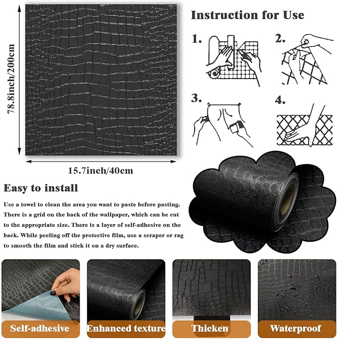 Black Wallpaper Peel and Stick Wallpaper Self Adhesive Removable Wall Paper Vintage 15.7