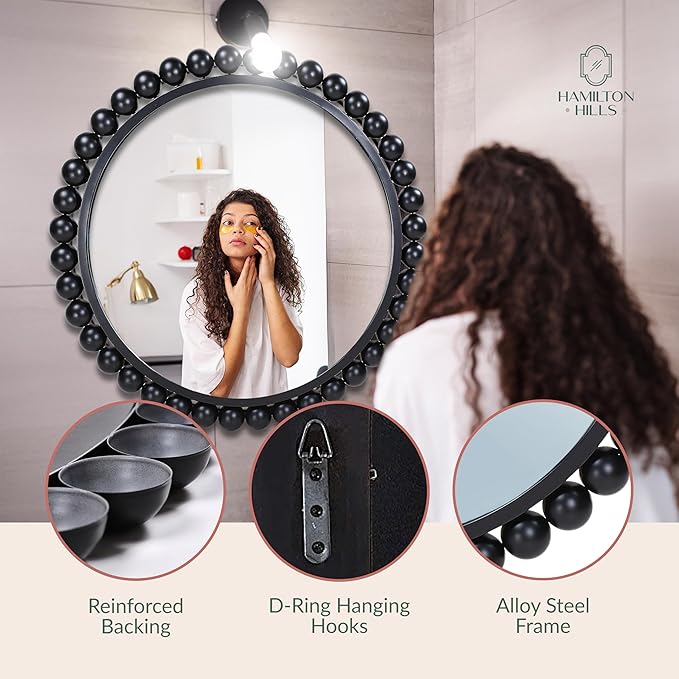 Hamilton Hills Black Circle Mirror - 33 x 33in - Chic Round Mirror for Living Room, Bathroom, Entryway, Vanity Decor -Dimensional Crystal Clear Beads Reflect Light - Home Wall Decor