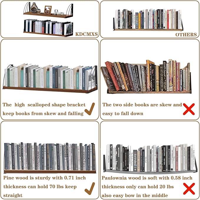 Long 36 inch Rustic Brown Floating Book Shelves for Wall - Curved Fan-Shaped Design with Built-in Anti-Slip Book Stops|0.71