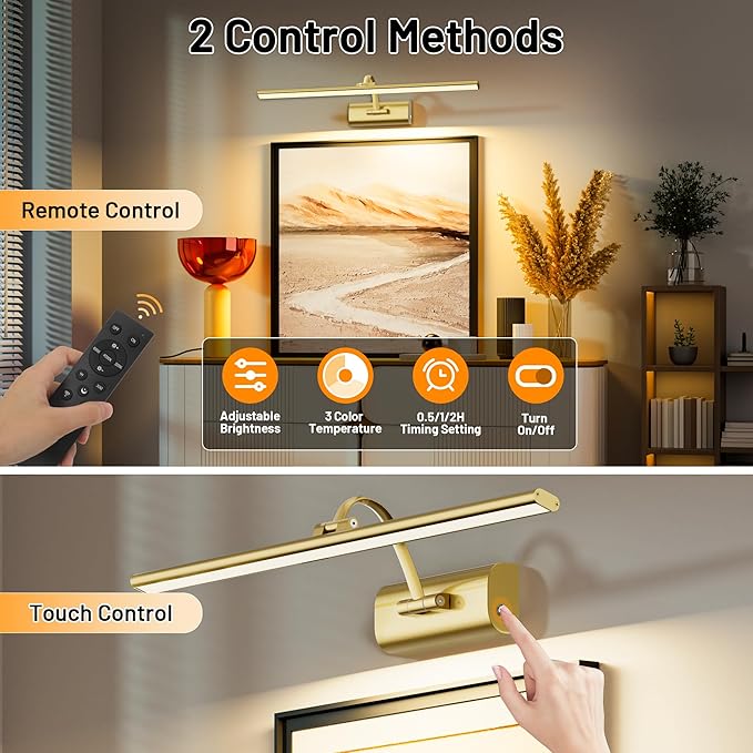 AIFEI Wireless Picture Lights for Wall Battery Operated, 8000mAh Long-Last Lights for Pictures on Wall, Remote & Touch, 3 Color Dimmable No Wiring Needed Art Light for Paintings Poster, 23.6" Brass