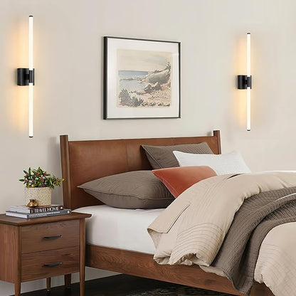 32 Inch Battery Operated Wall Sconces Set of 2, Black Dimmable Rechargeable Wall Sconces with Remote, 3 Color 360° Lighting Sconce, Modern LED Wireless Wall Light for Bedroom, Living Room