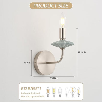 Modern Retro Wall sconces Set of Two with Green Ceramic Flower Decoration,Brushed Nickel Wall Lights, Hardwired Vintage Vanity Light for Bathroom, Living Room, Bedroom, and hallways.