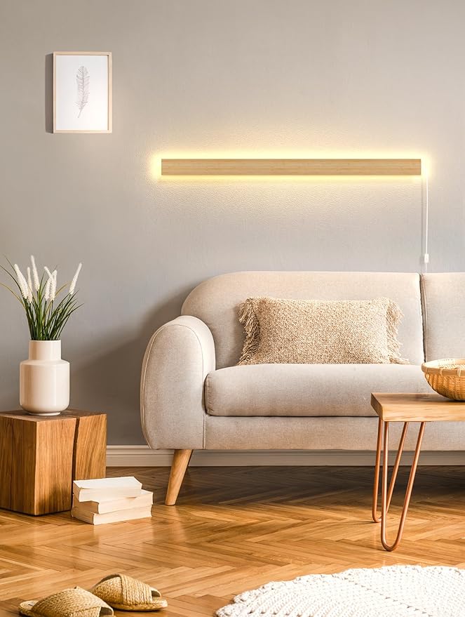 1 Pack Modern Plug in Long Wall Sconce 31.4‘’ LED Bamboo Wall Lights 24W Long Strip Indoor Wall Lamp 3000K with 6.5FT Plug in Cord and On/Off Switch on The Cord for Living Room Hallway Stairwell