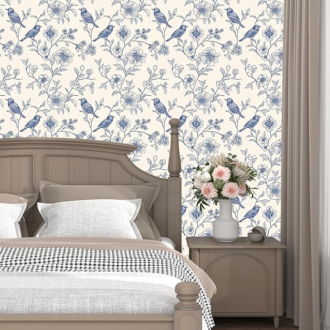 Beige Wallpaper Peel and Stick Blue Floral Bird Vintage Contact Paper 17.5
