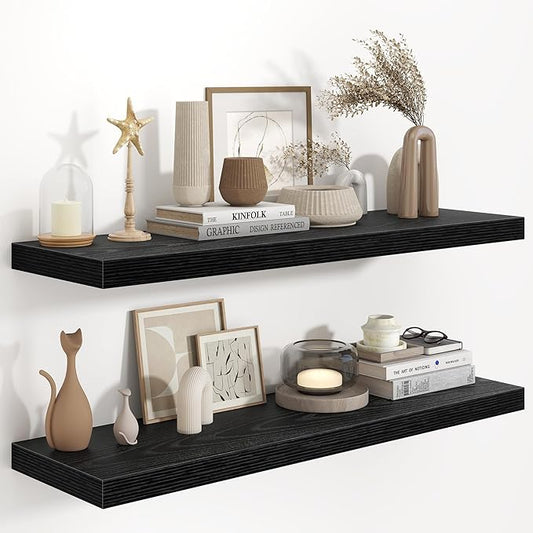 Fun Memories 40" W x 9.3" D Black Floating Shelves for Wall, Deep Long Floating Shelf for Home Bathroom, Bedroom, Living Room, Rustic Wood Wall Mounted Shelves for Books Decor