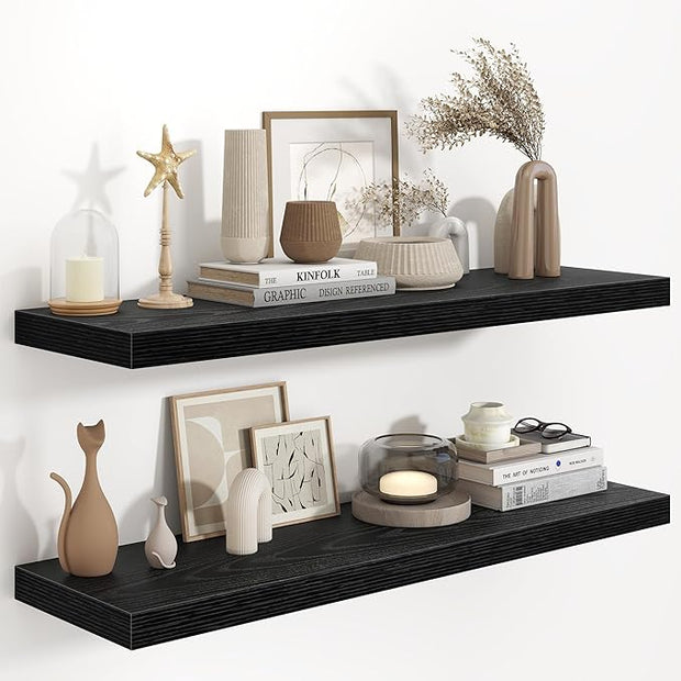 Fun Memories 40" W x 9.3" D Black Floating Shelves for Wall, Deep Long Floating Shelf for Home Bathroom, Bedroom, Living Room, Rustic Wood Wall Mounted Shelves for Books Decor