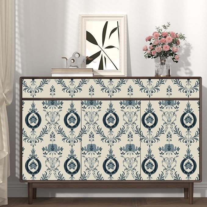 Blue Floral Wallpaper Peel and Stick Vintage Damask Contact Paper 17.5"X118" Vinyl Waterproof Self Adhesive Removable Light Blue Scroll Traditional Style Wall Paper for Bedroom Living Room Cabinets