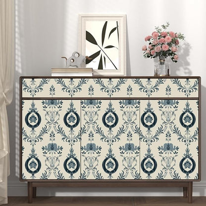 Blue Floral Wallpaper Peel and Stick Vintage Damask Contact Paper 17.5"X118" Vinyl Waterproof Self Adhesive Removable Light Blue Scroll Traditional Style Wall Paper for Bedroom Living Room Cabinets