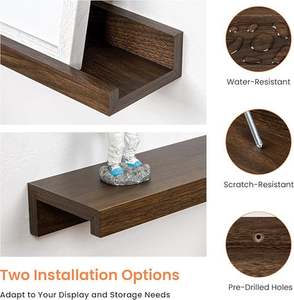 RICHFOCUS Picture Ledge Shelf, 72 inch Floating Shelves Set of 2, Wood Wall Shelves with Lip, Wall Decor Storage for Bedroom Living Room Bathroom Kitchen Nursery Photo Picture, Walnut