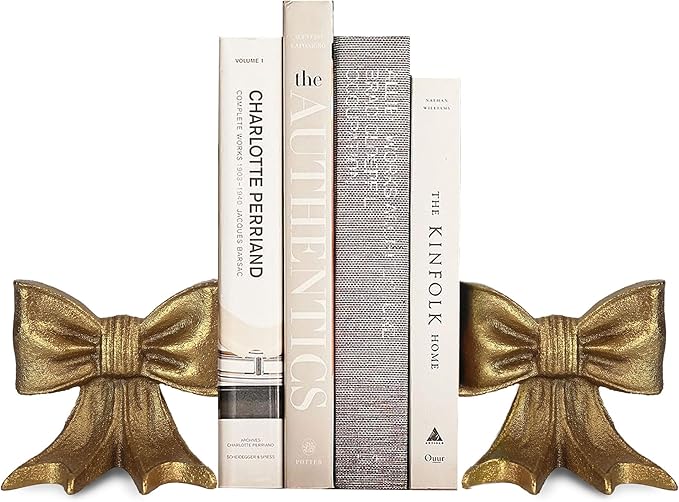 Gold Bow Metal Bookends Set of 2 Heavy Duty Cast Iron Book Ends for Heavy Books Unique Modern Decorative Book Holders for Shelves Home Accent Decor