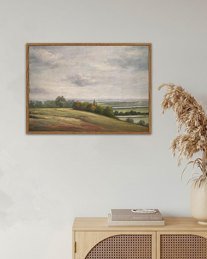 SHENIFY Landscape Framed Canvas Wall Art Vintage Classical Rural Hill Prints Hallway Bathroom Office Decor - 11x14in Natural Framed