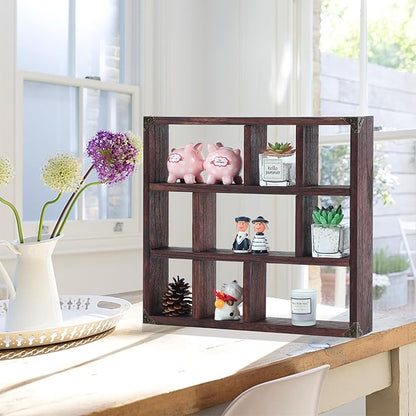 17.7x15.7-Inch Shadow Box Shelf 9-Slot Rustic Floating Shelves Larger Wall Mounted Shelf Lightweight Solid Wood Display Shelf Freestanding Farmhouse(Set of 2,9C-Rustic Walnut)