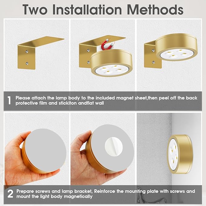 Picture Lights for Wall, 3 Lighting Modes Magnetic Art Display Light,Rechargeable Battery Operated Led Painting Light with Remote Control Dimmable & Timer,3Pack Gold